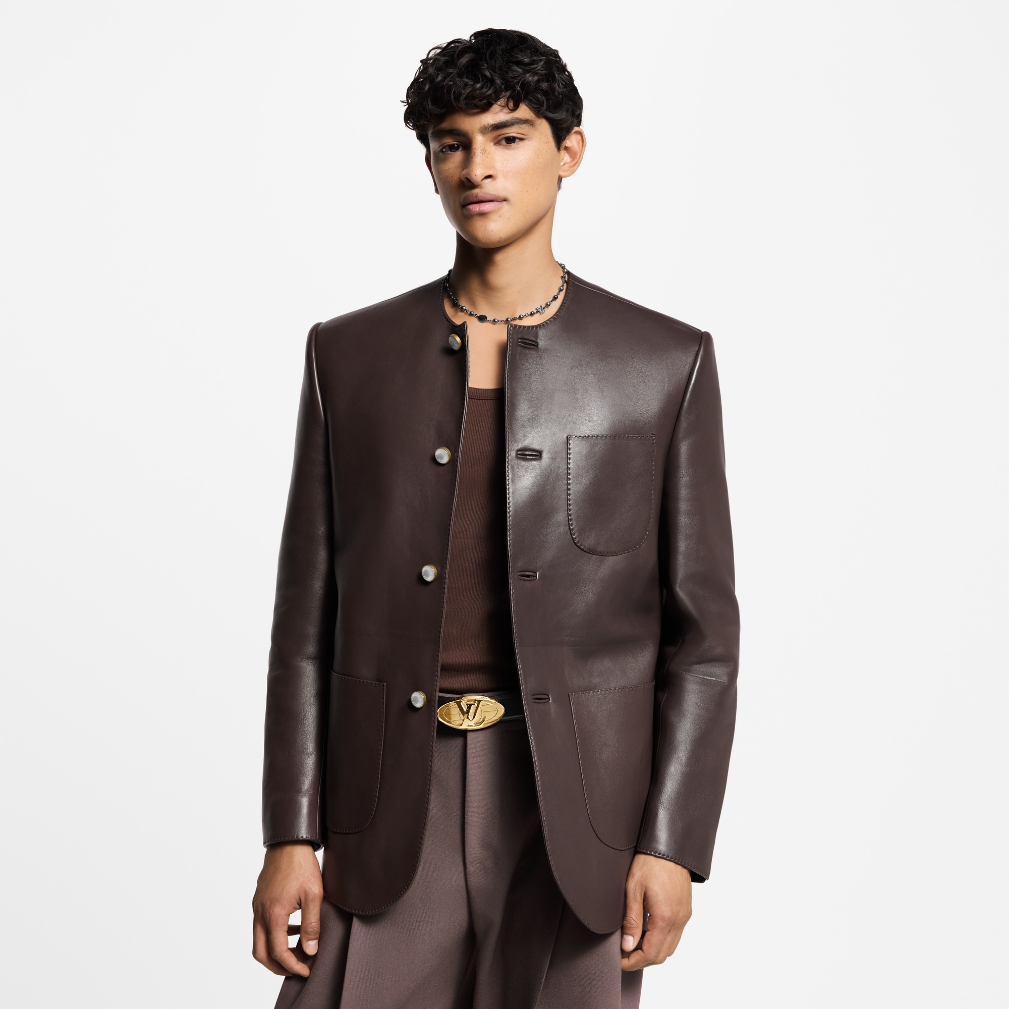 Chic Collarless Leather Blazer  in Men