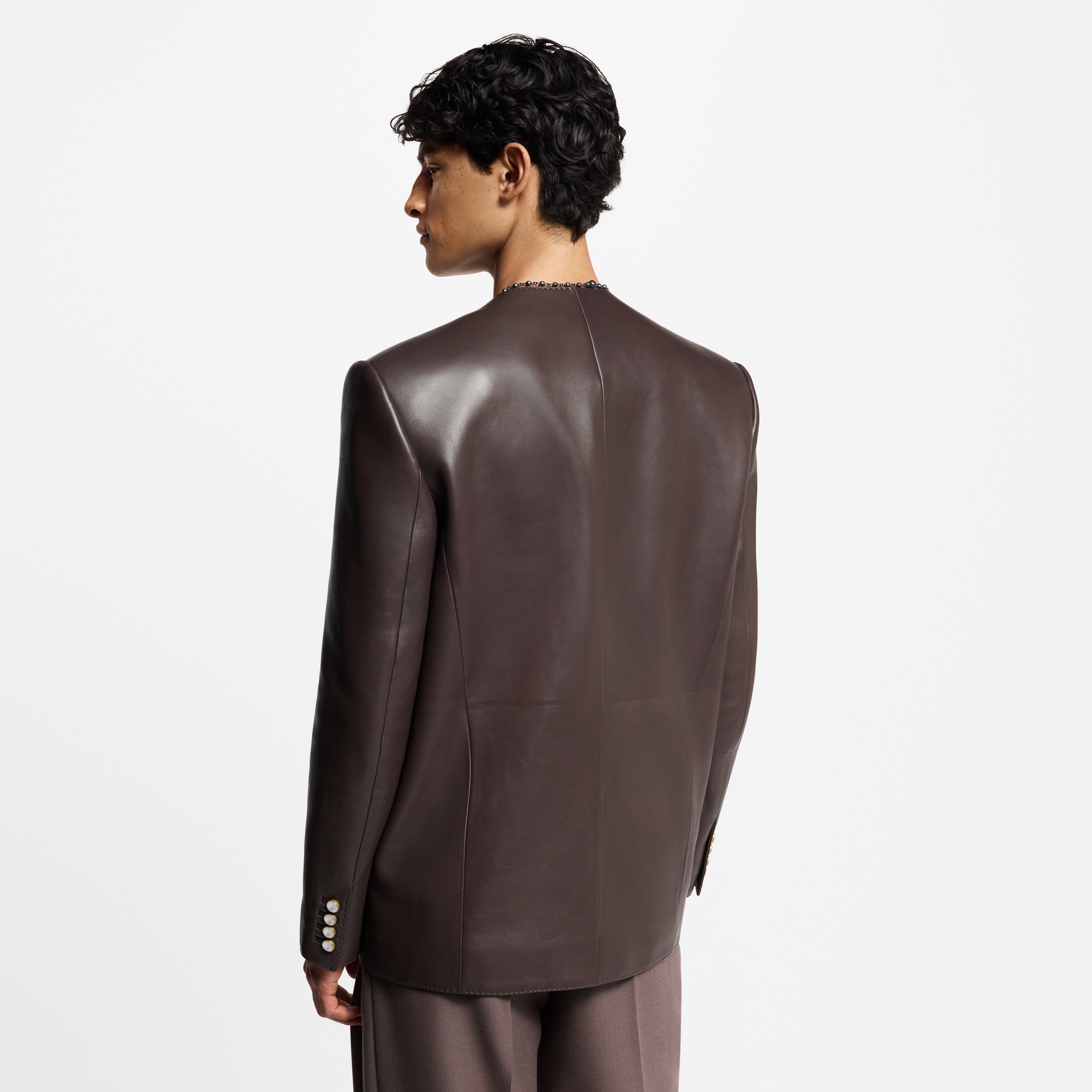 Chic Collarless Leather Blazer  in Men