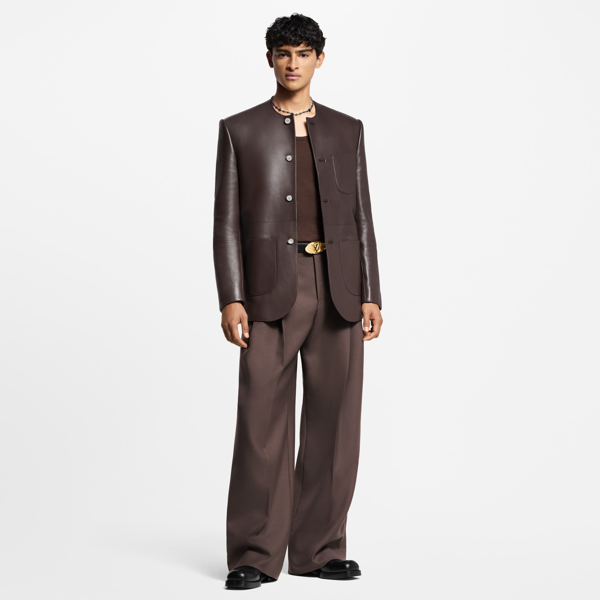 Chic Collarless Leather Blazer  in Men