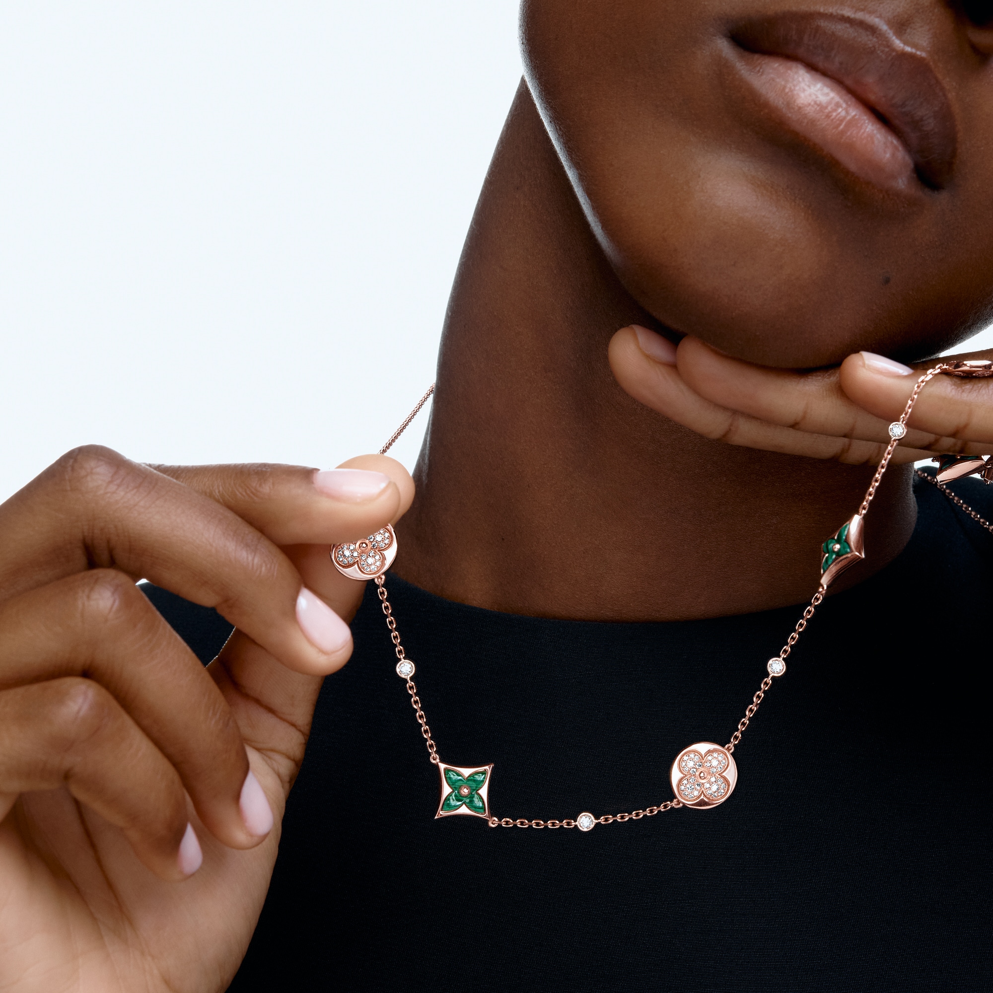 Color Blossom BB Star and Sun Multi-Motif Long Necklace, Pink Gold, Malachite and Diamonds  in Jewellery