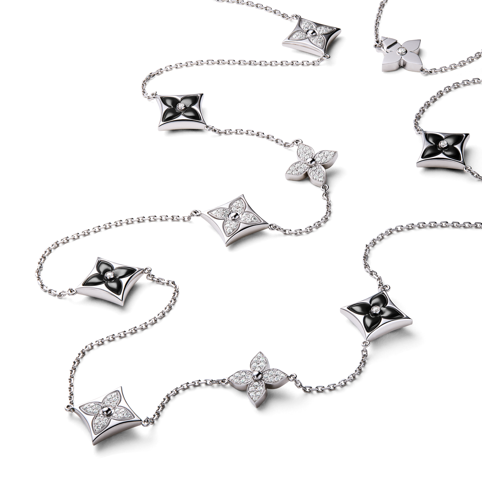 Color Blossom M Star Multi-Motif Long Necklace, White Gold, Onyx and Diamonds  in Jewellery
