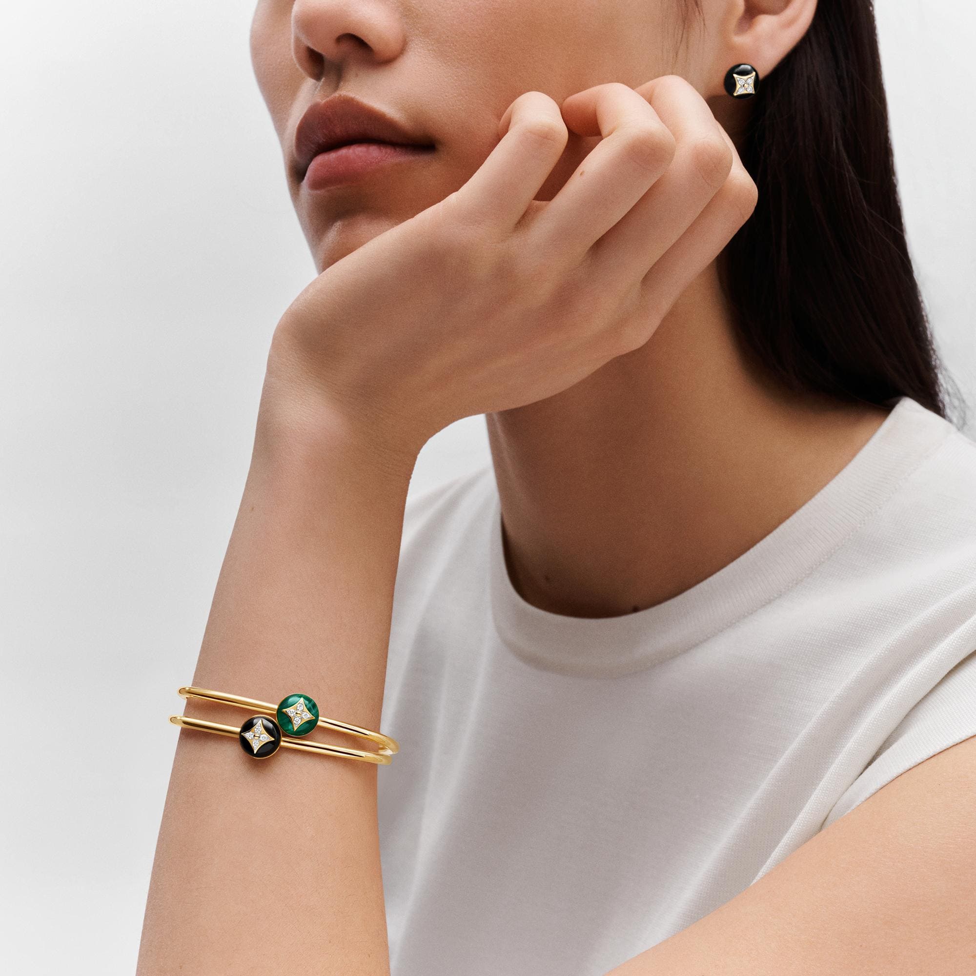 Color Blossom Open Bangle, Yellow Gold, White Gold, Malachite And Diamonds  in Men