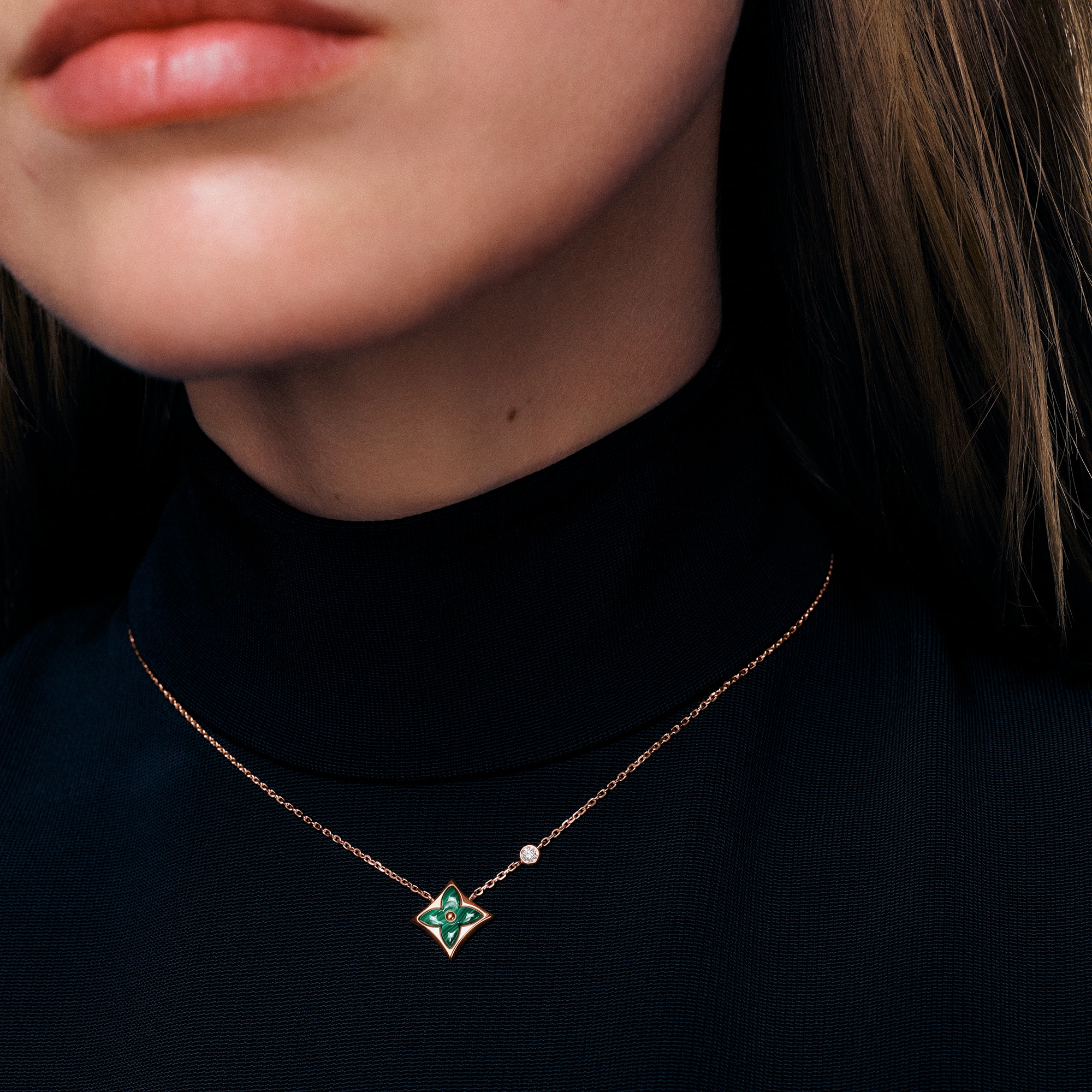 Colour Blossom BB Star Pendant, Pink Gold, Malachite And Diamond  in Jewellery