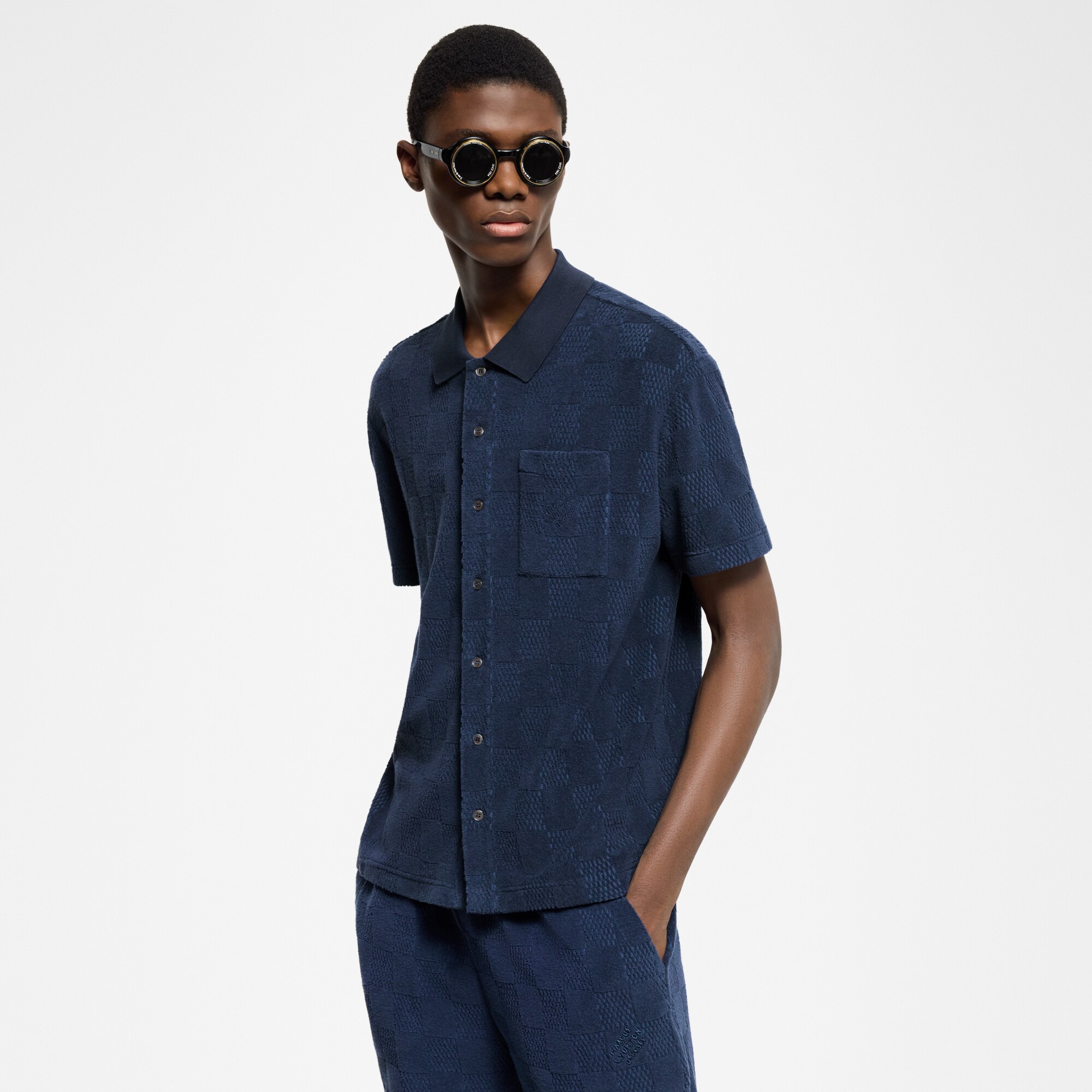 Damier French Terry Short-Sleeved Cotton-Blend Shirt  in Men