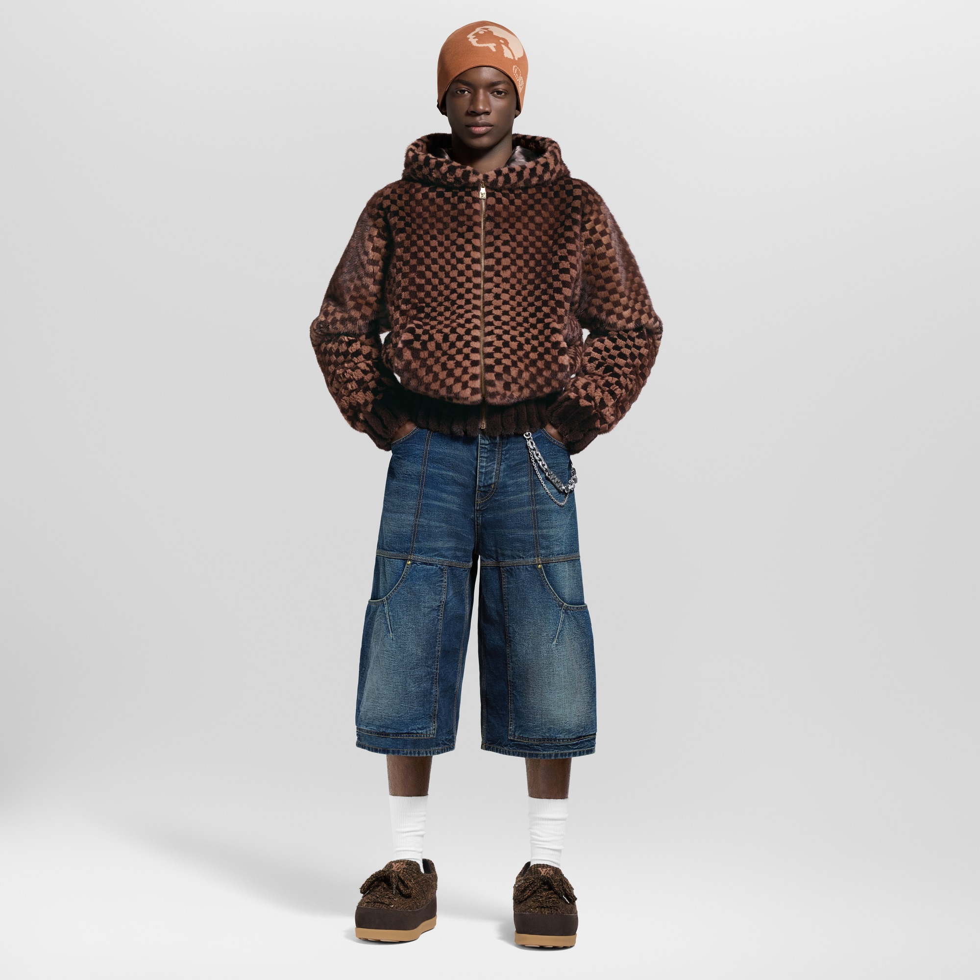 Damier Intarsia Zipped Mink Hoodie  in Men