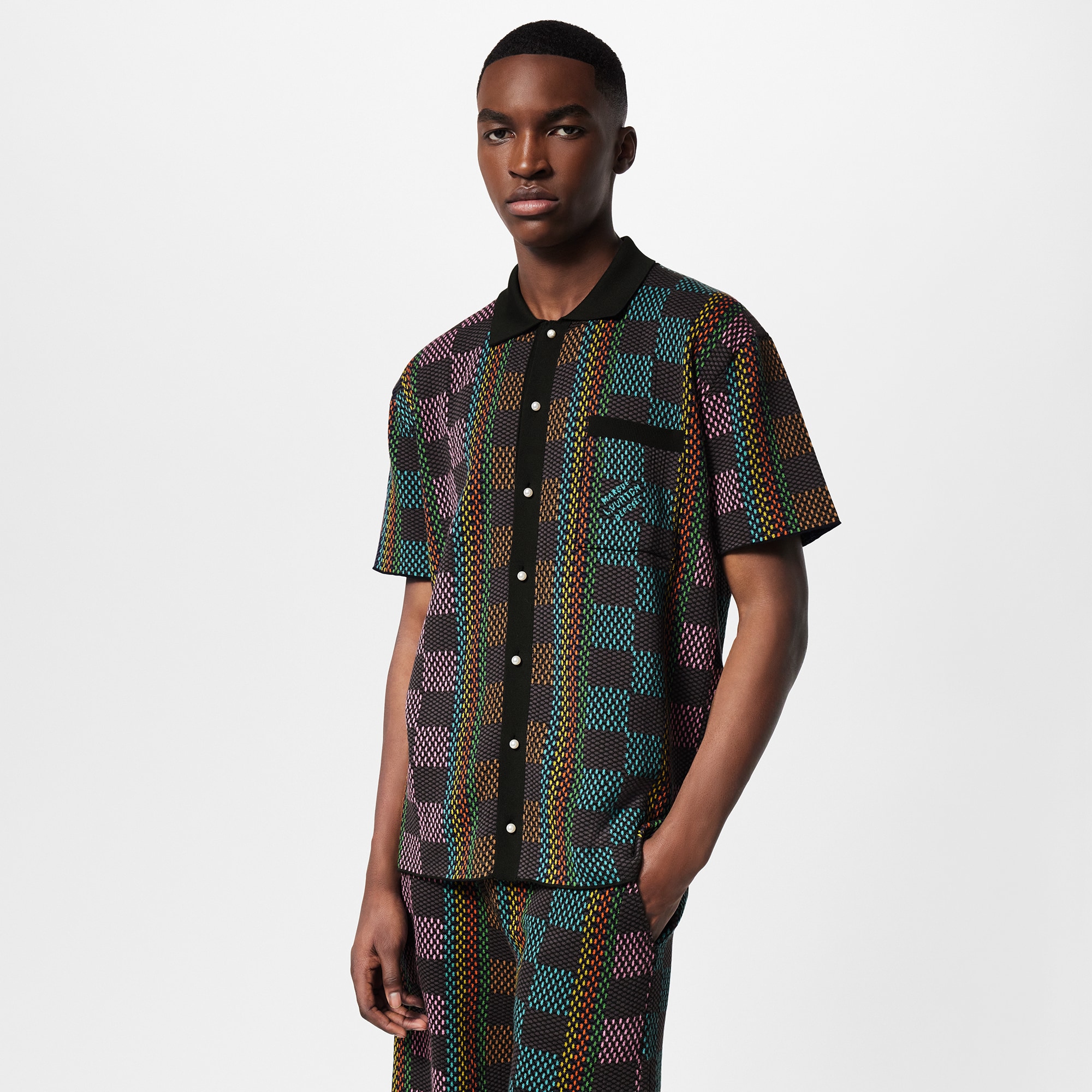 Damier Short-Sleeved Cotton Knit Shirt  in Men