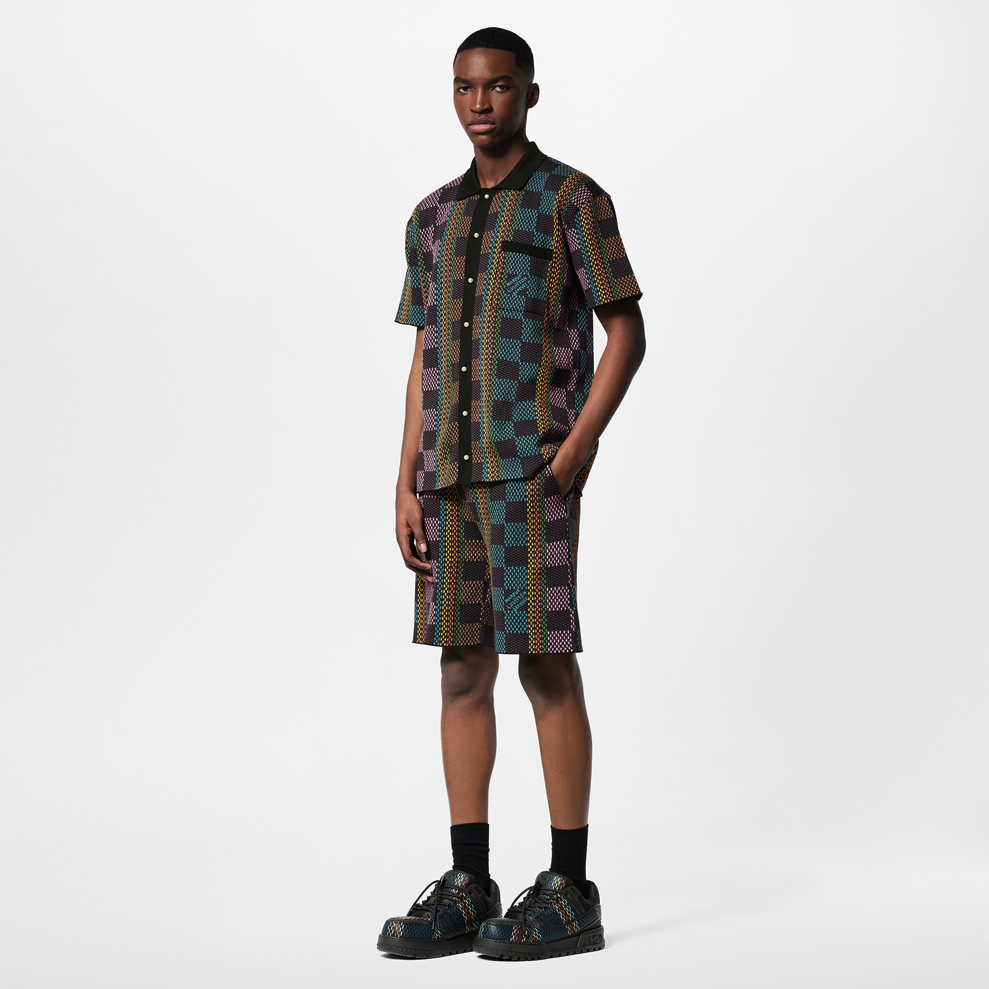 Damier Short-Sleeved Cotton Knit Shirt  in Men