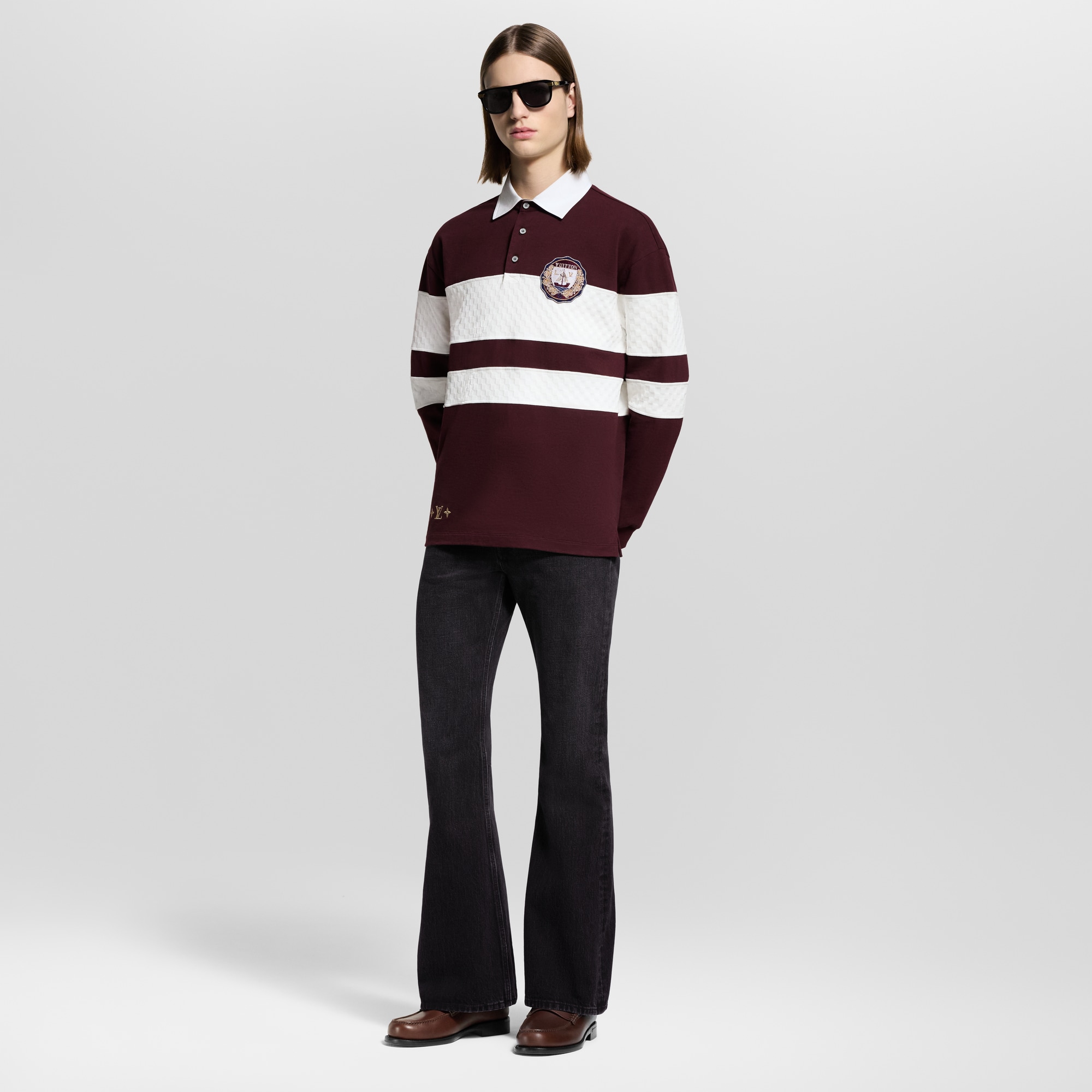 Damier Striped Long-Sleeved Polo Shirt  in Men