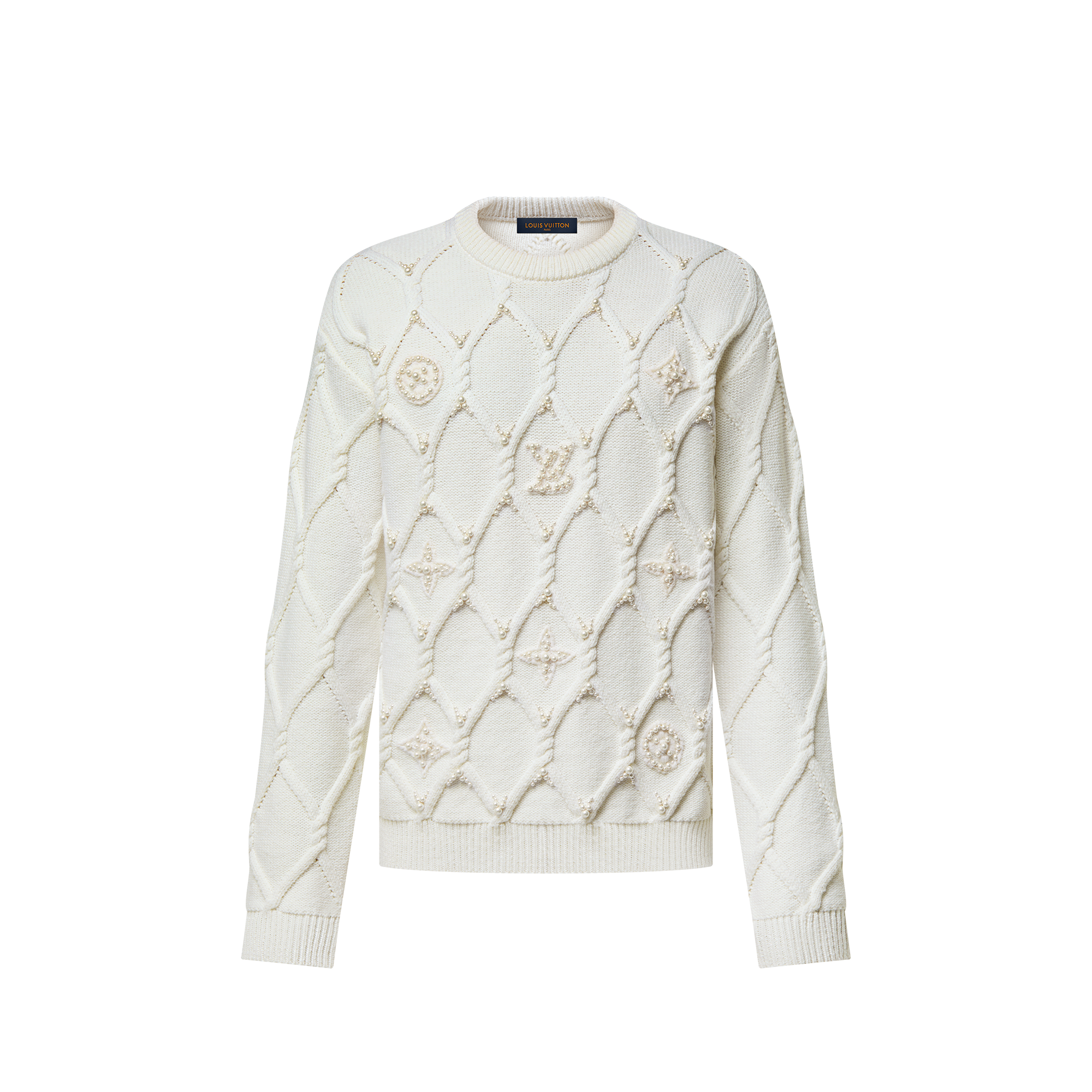 Embellished Cable Knit Wool Blend Pullover  in New