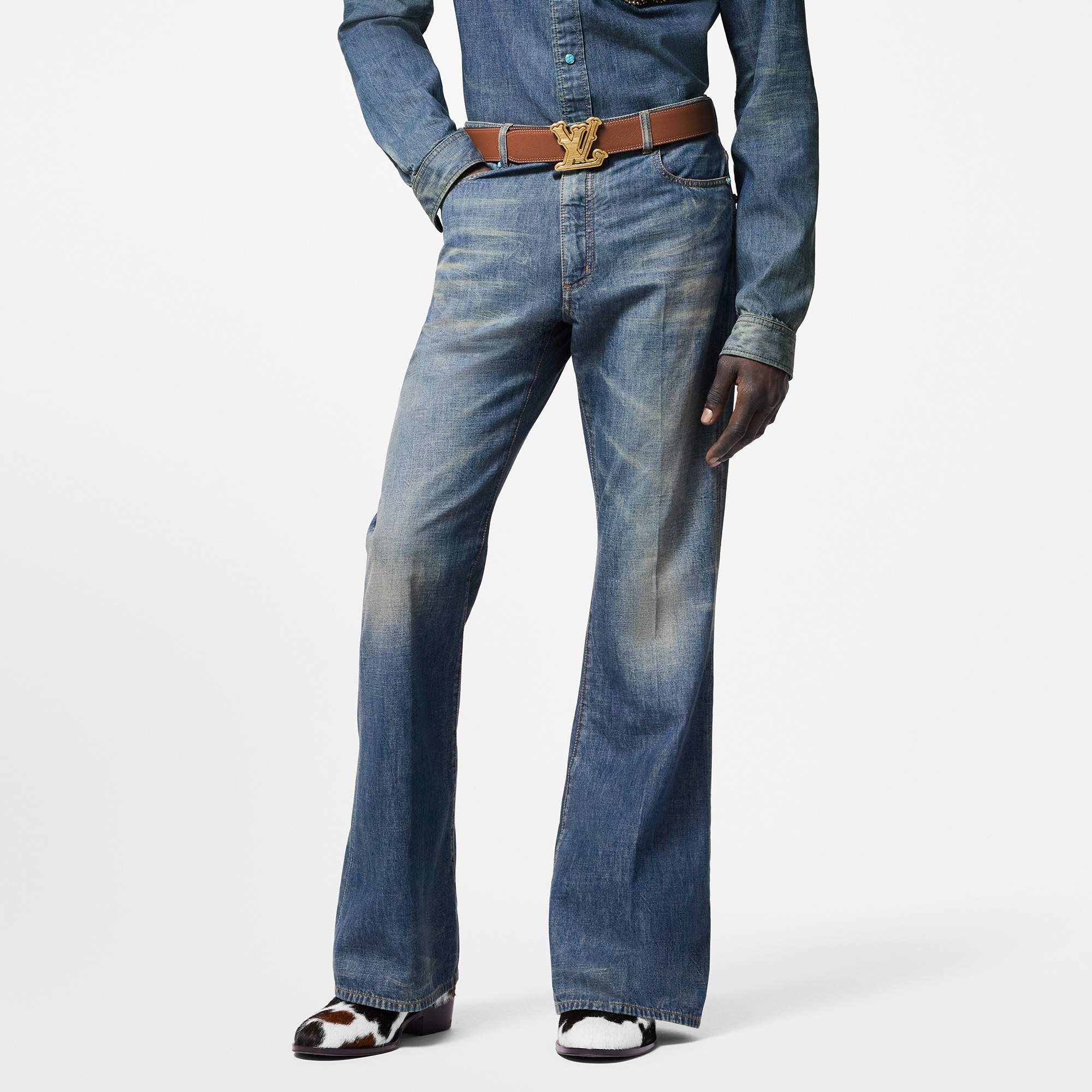 Embellished Flared Cotton Chambray Pants  in Men