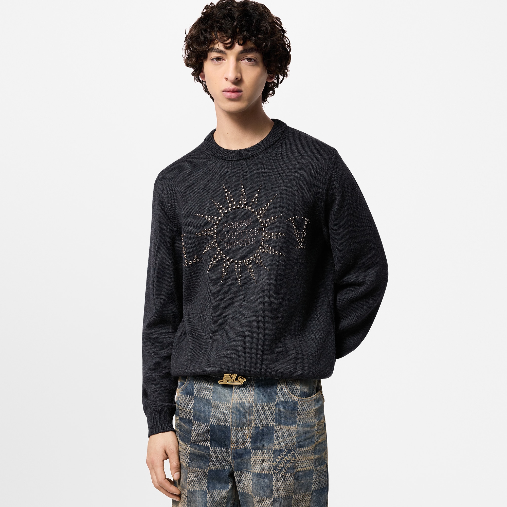 Embellished Long-Sleeved Merino Wool Crewneck  in Men