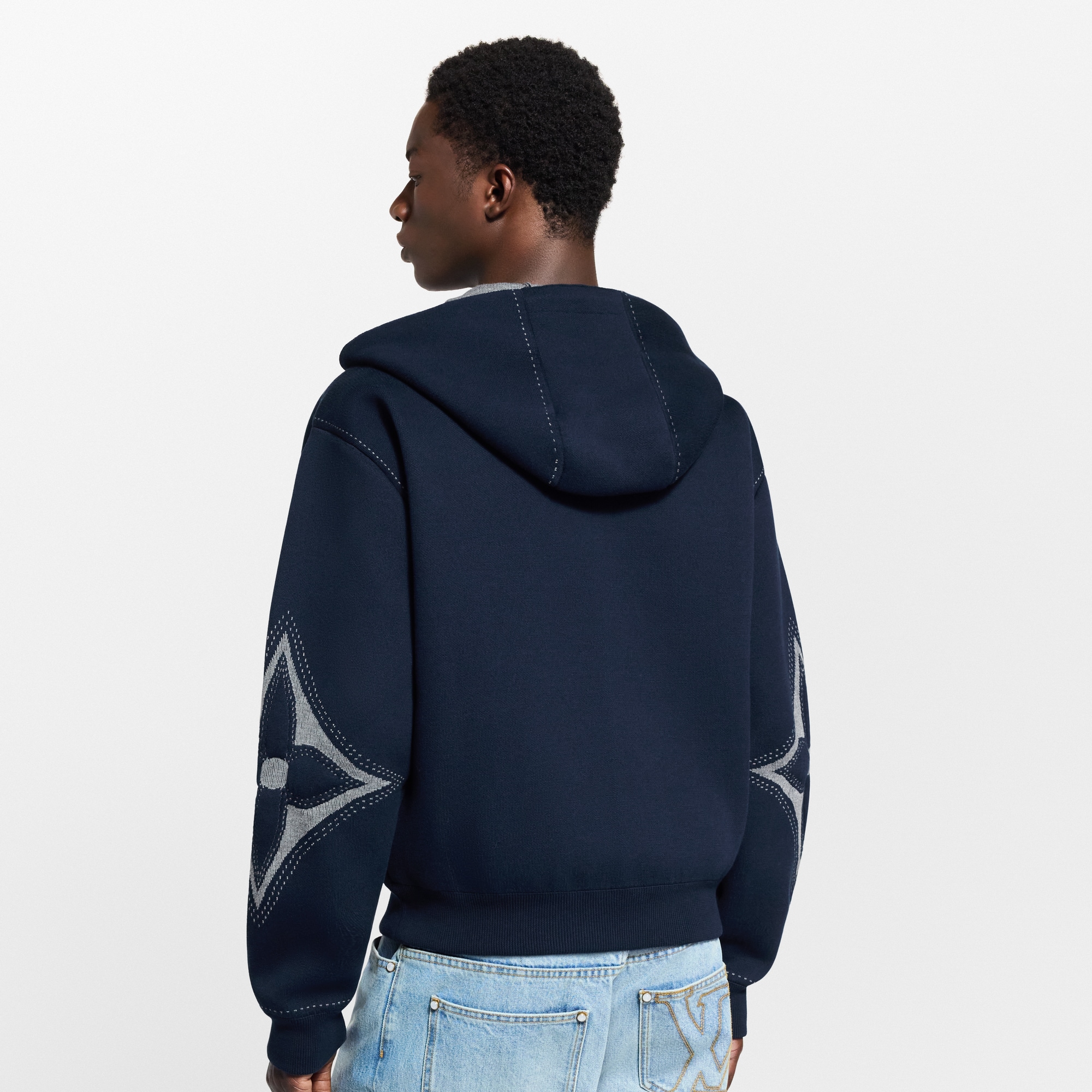 Graphic Intarsia Zipped Cotton Hoodie  in Men