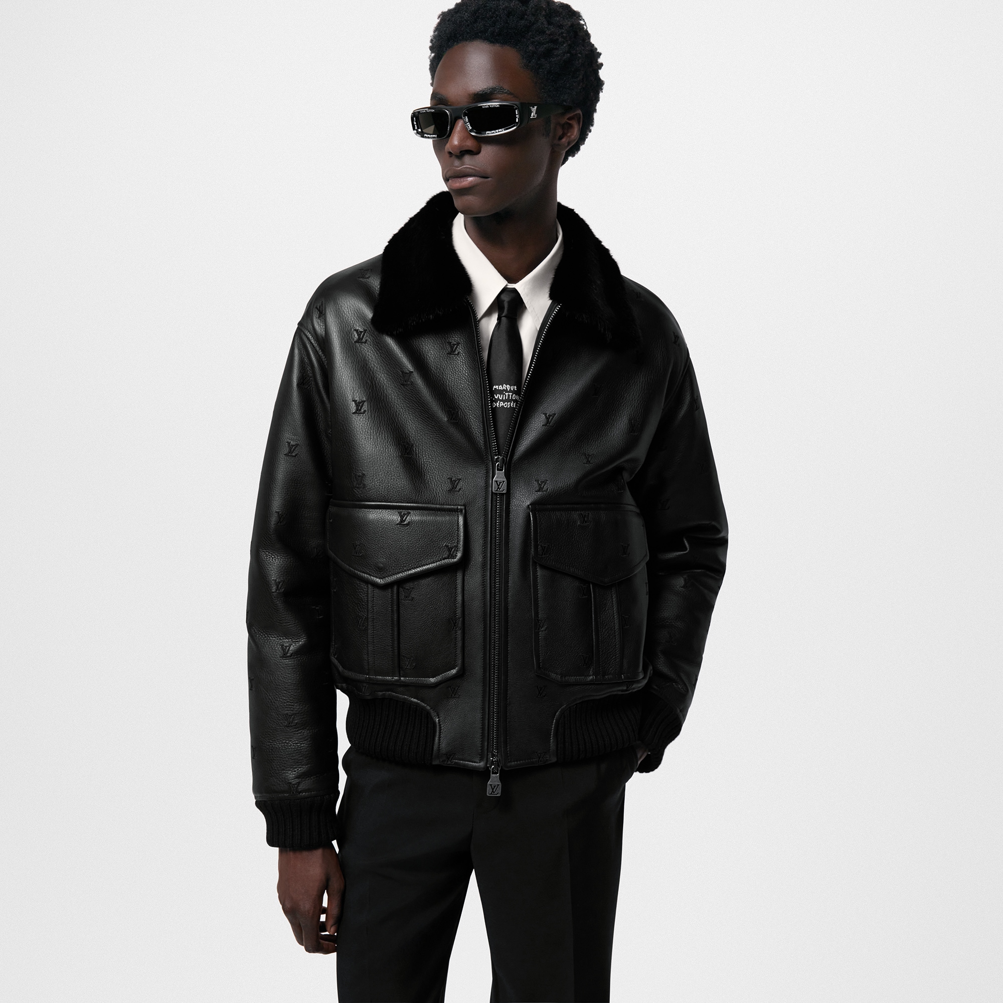 Leather Aviator Mink Collar  in Men