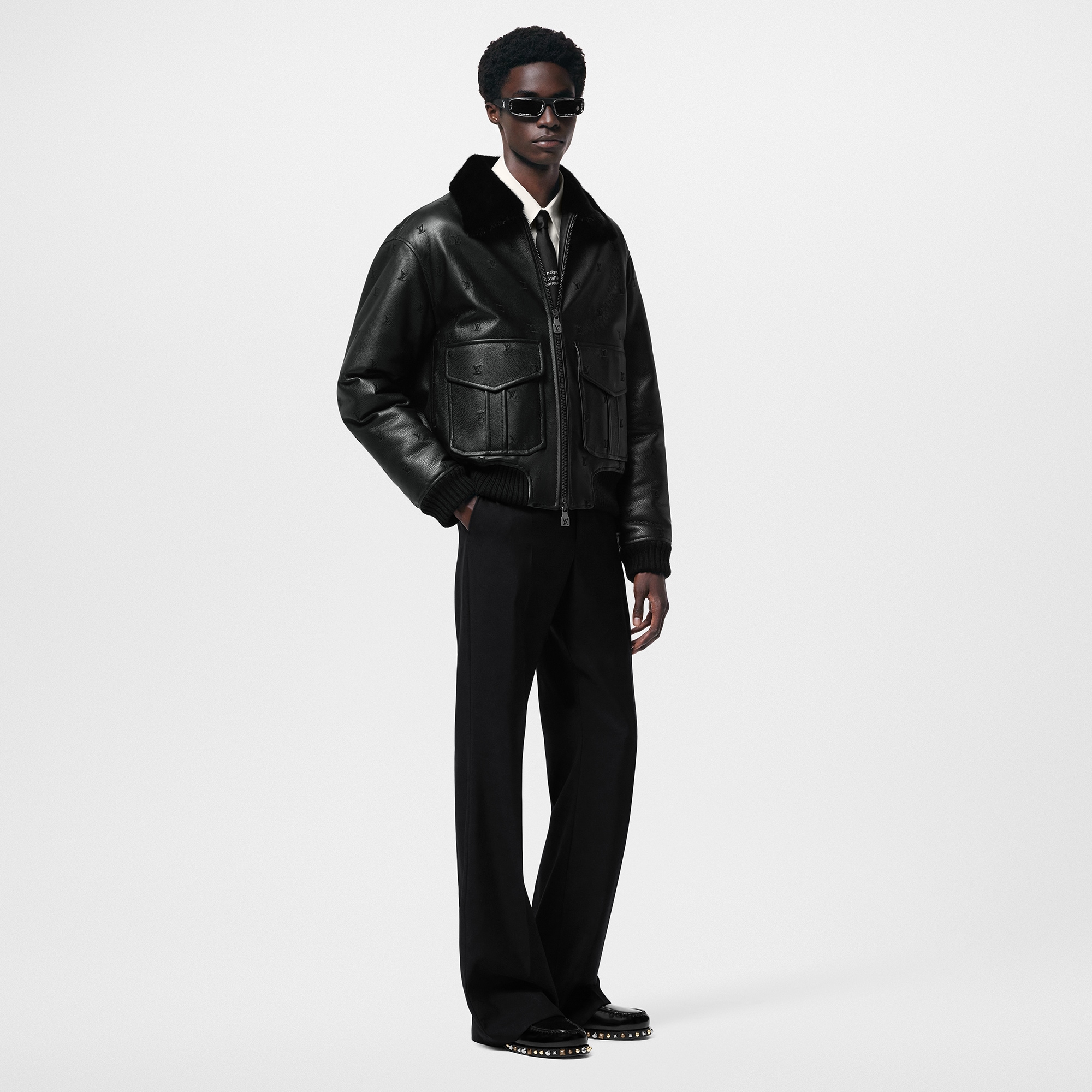 Leather Aviator Mink Collar  in Men