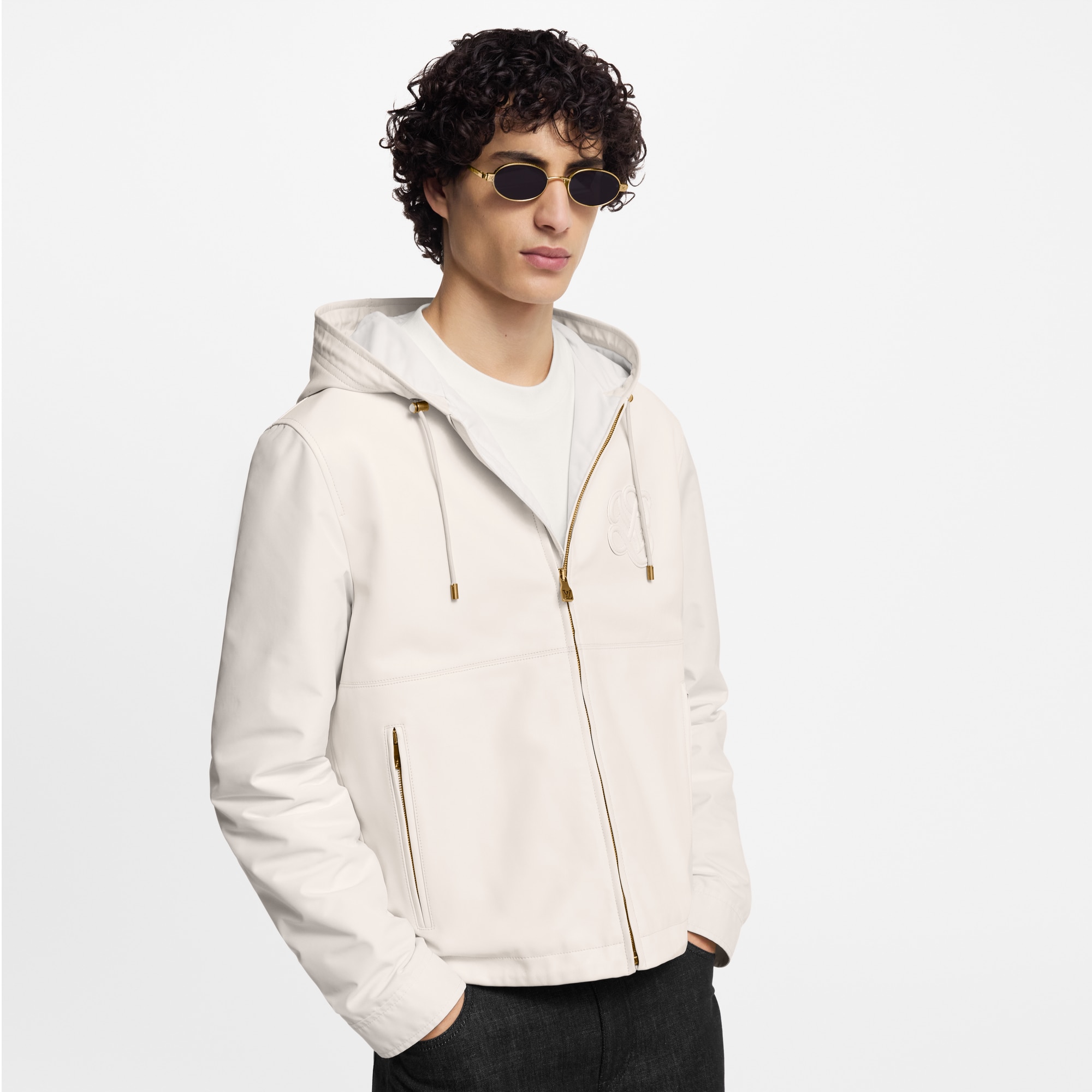 Leather Mix Hooded Blouson  in Men