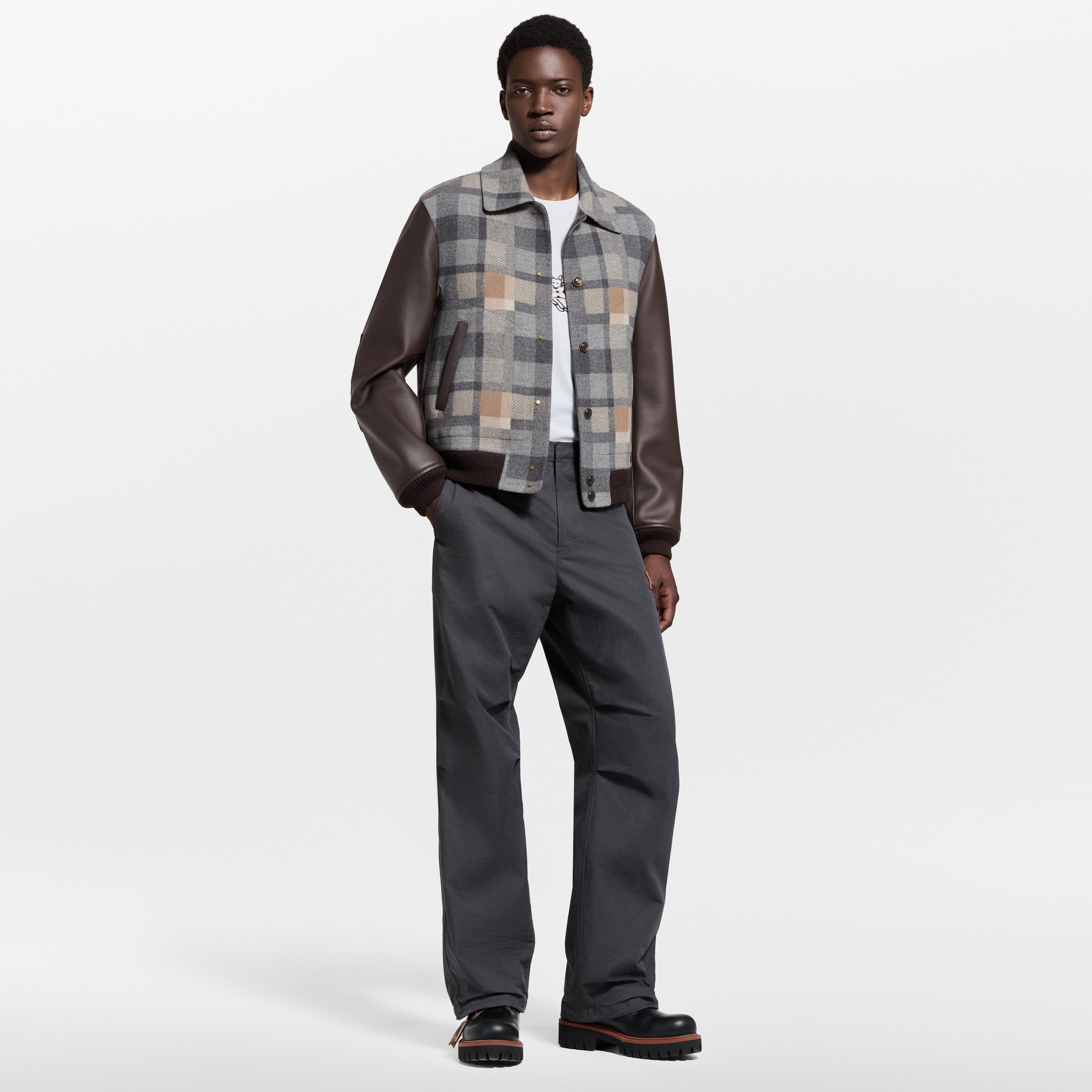 Leather Mix Varsity Jacket  in Men