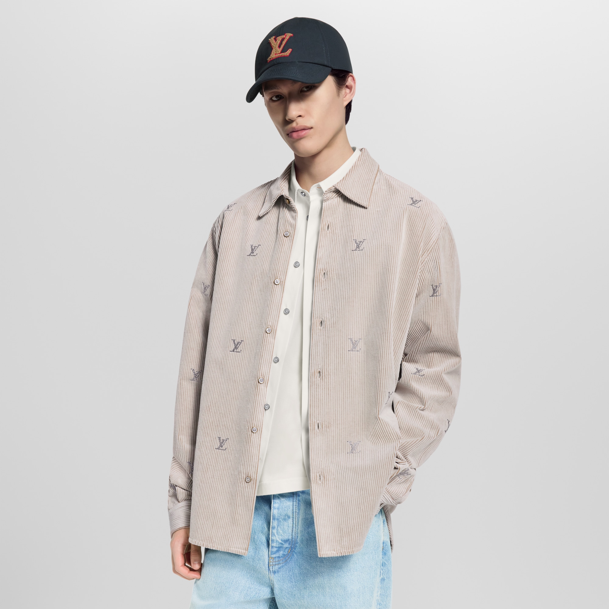 LV Blason Embellished Long-Sleeved Corduroy Shirt  in Men