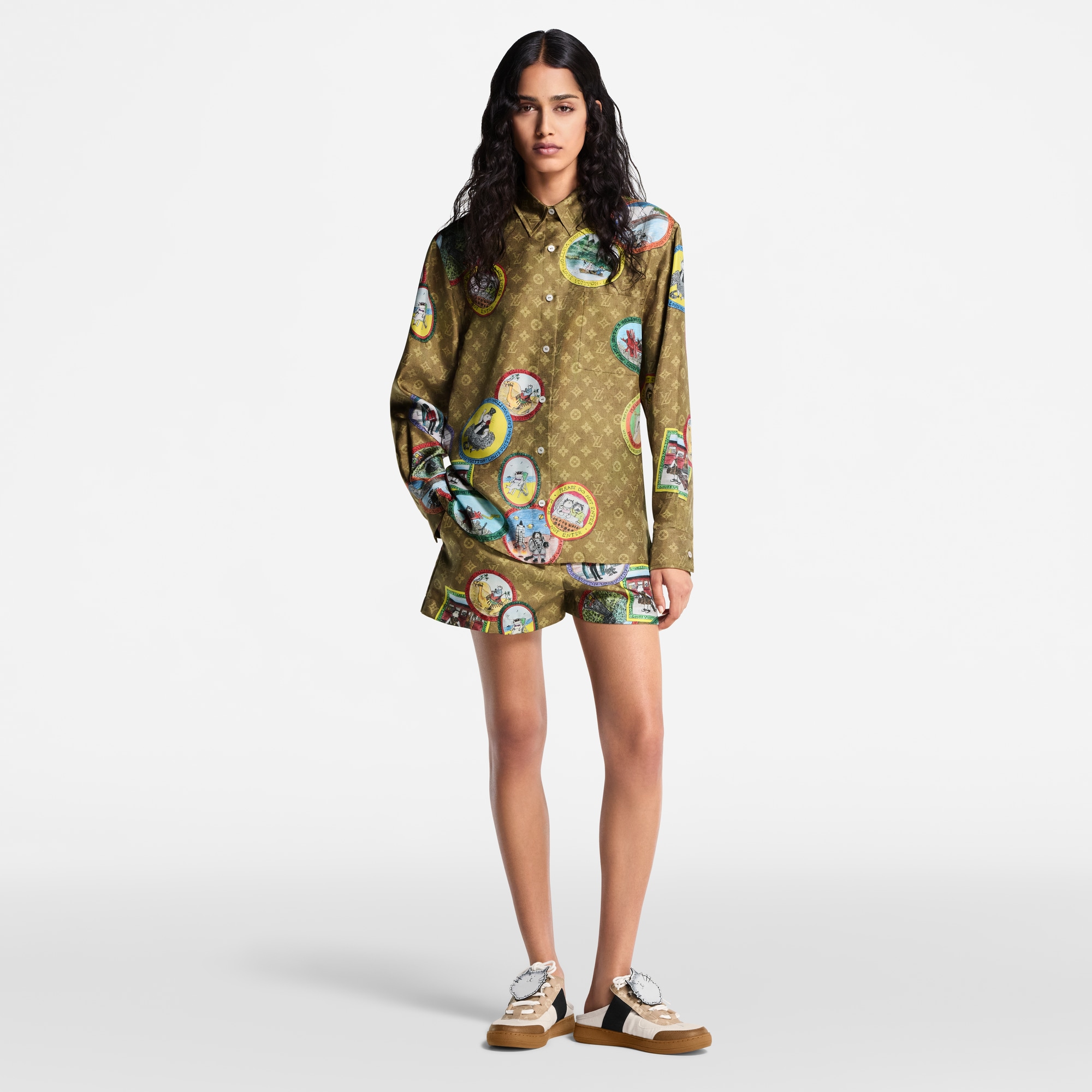 Monogram Cat Stamp Silk Shirt  in Women