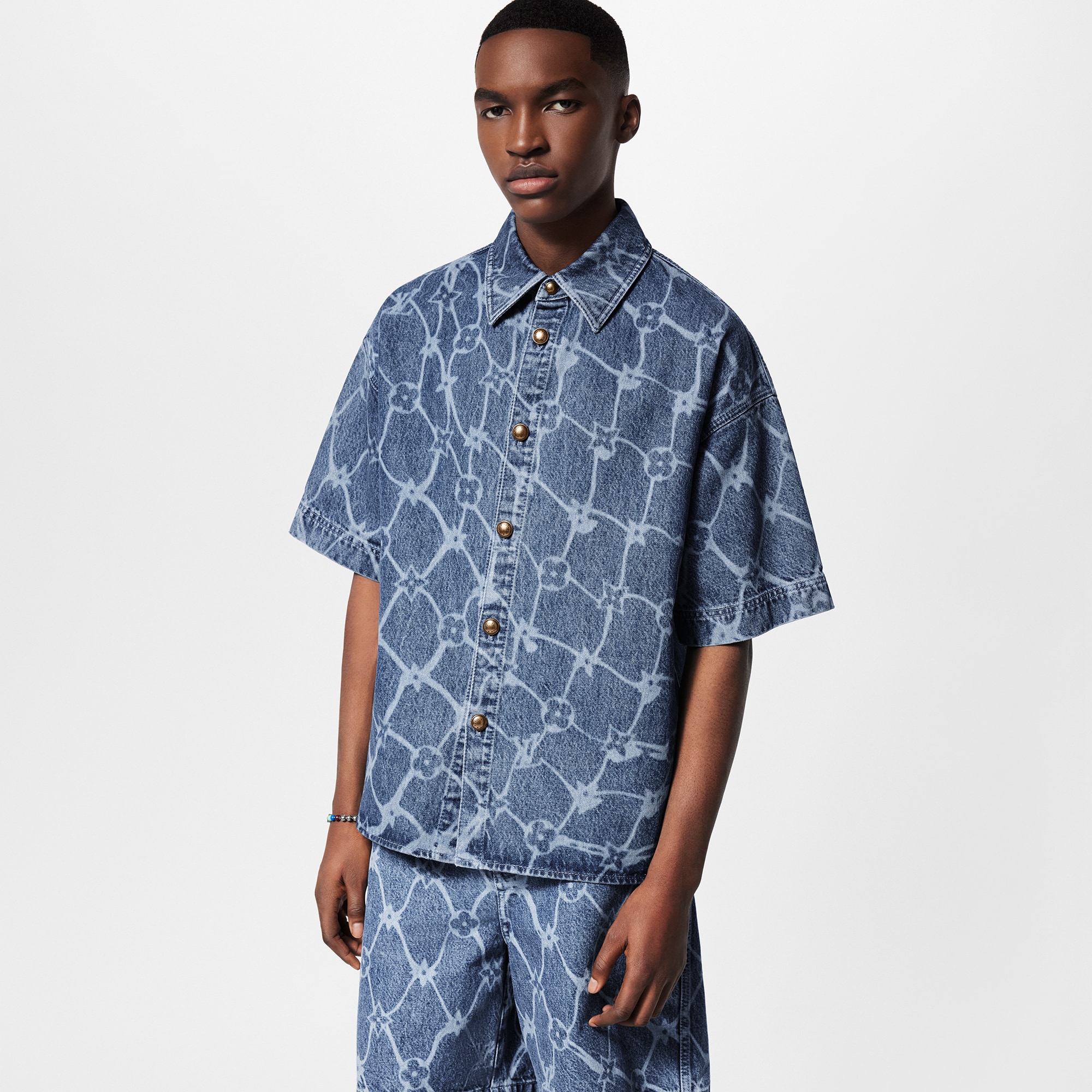 Monogram Printed Short-Sleeved Denim Shirt  in Men