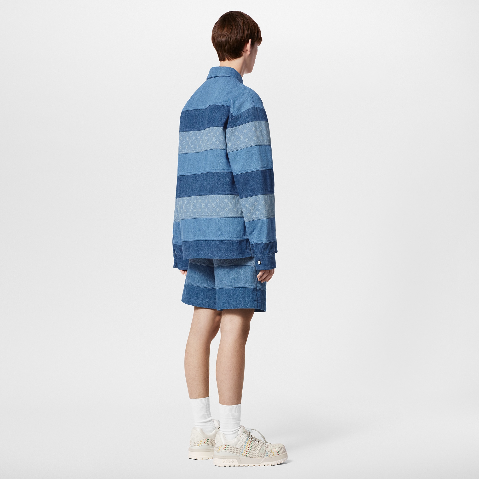 Patchwork Long-Sleeved Denim Polo Shirt  in Men