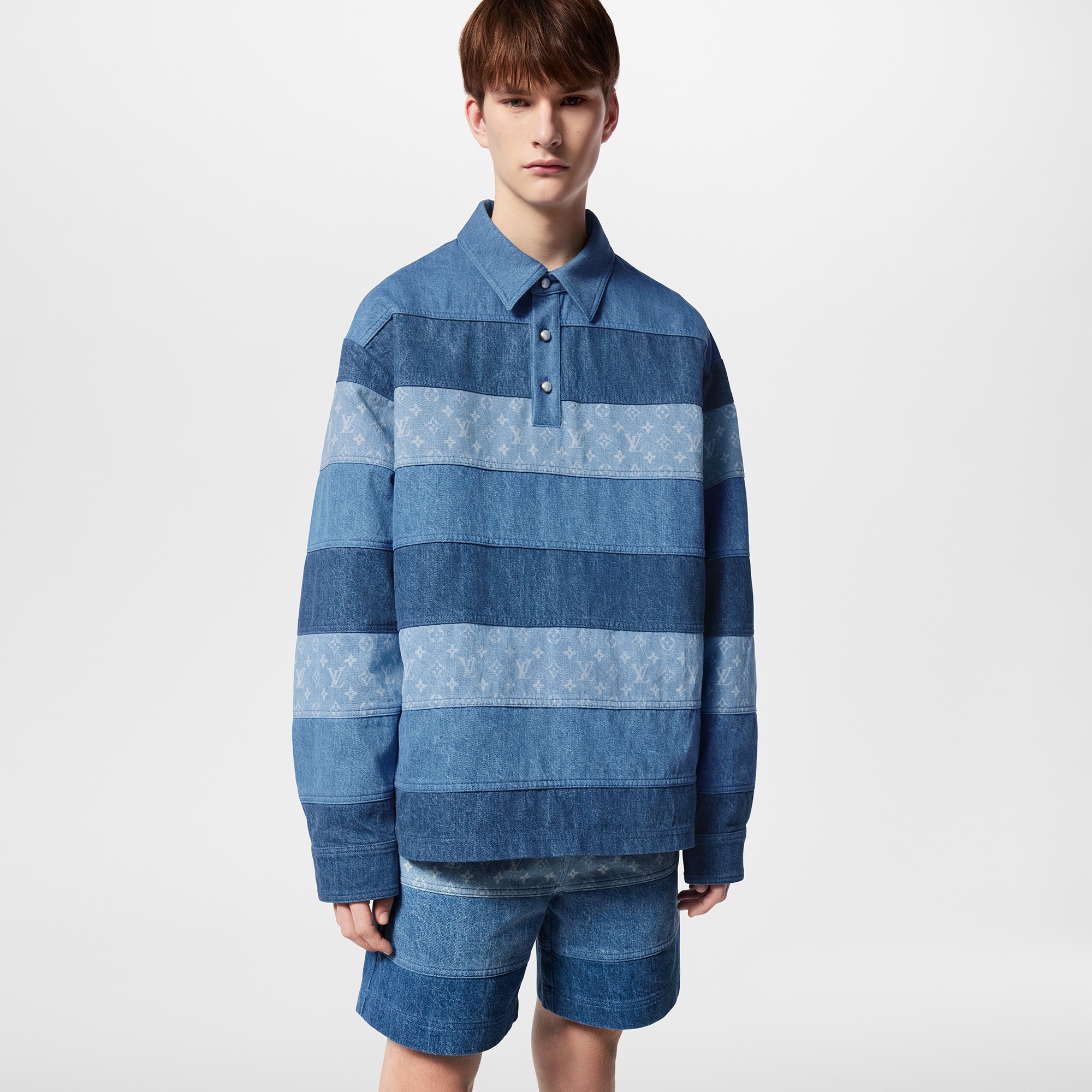 Patchwork Long-Sleeved Denim Polo Shirt  in Men