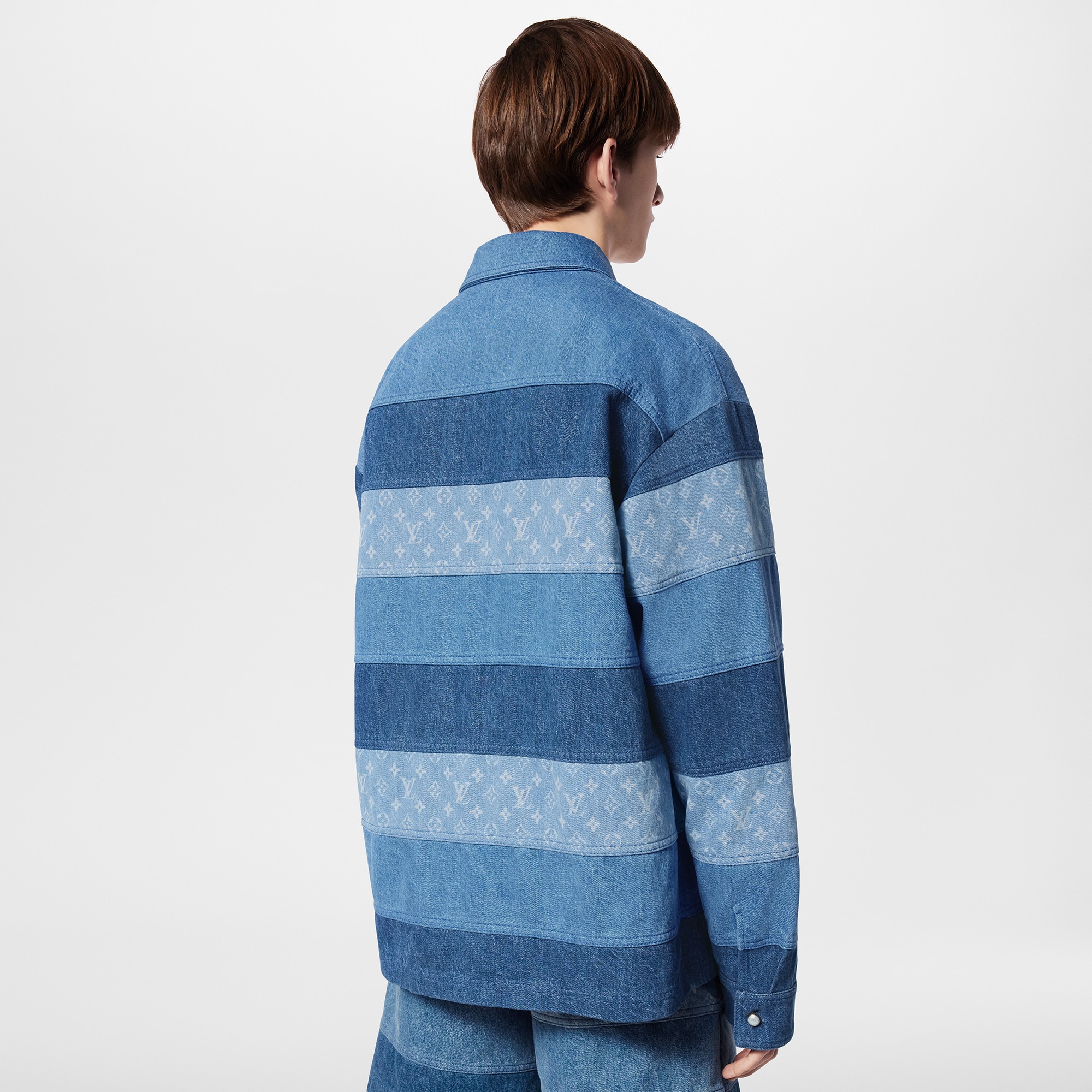 Patchwork Long-Sleeved Denim Polo Shirt  in Men