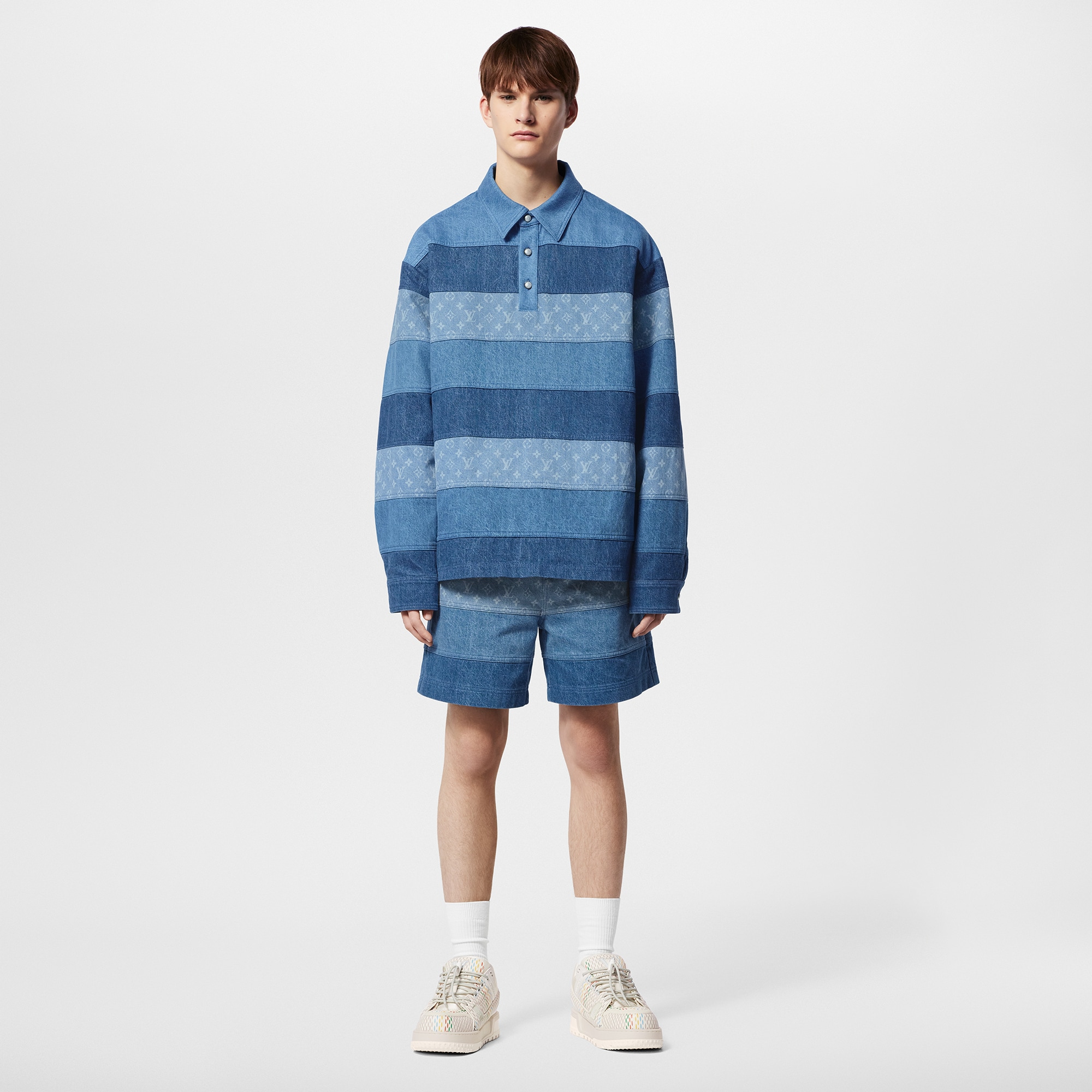 Patchwork Long-Sleeved Denim Polo Shirt  in Men