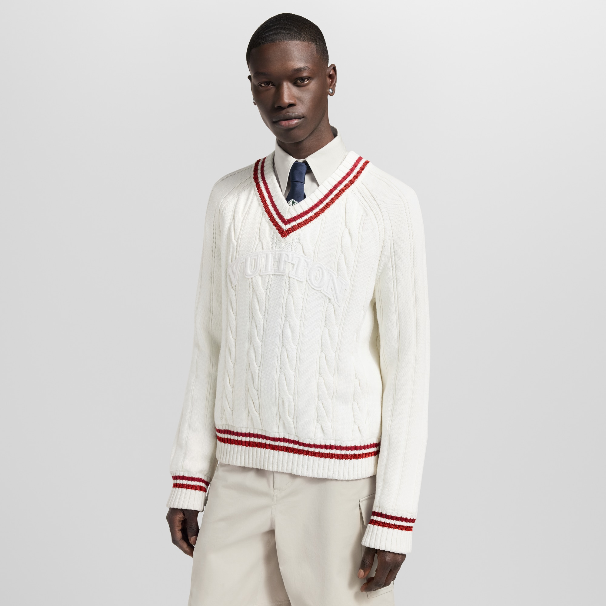 Preppy V-Neck Cable Pullover  in Men