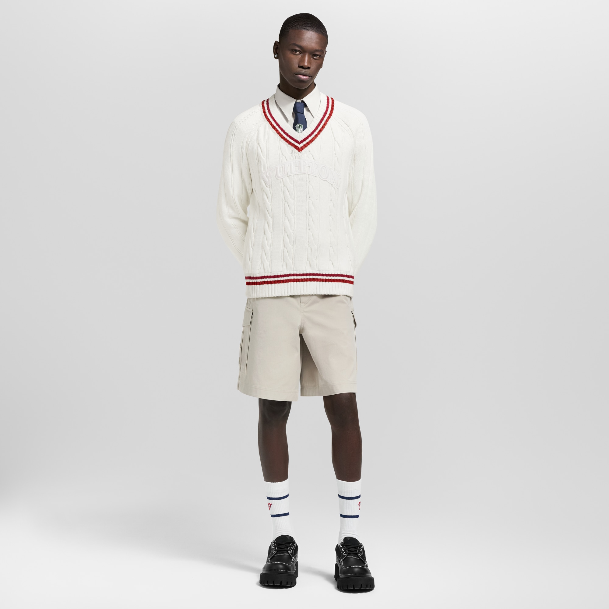 Preppy V-Neck Cable Pullover  in Men