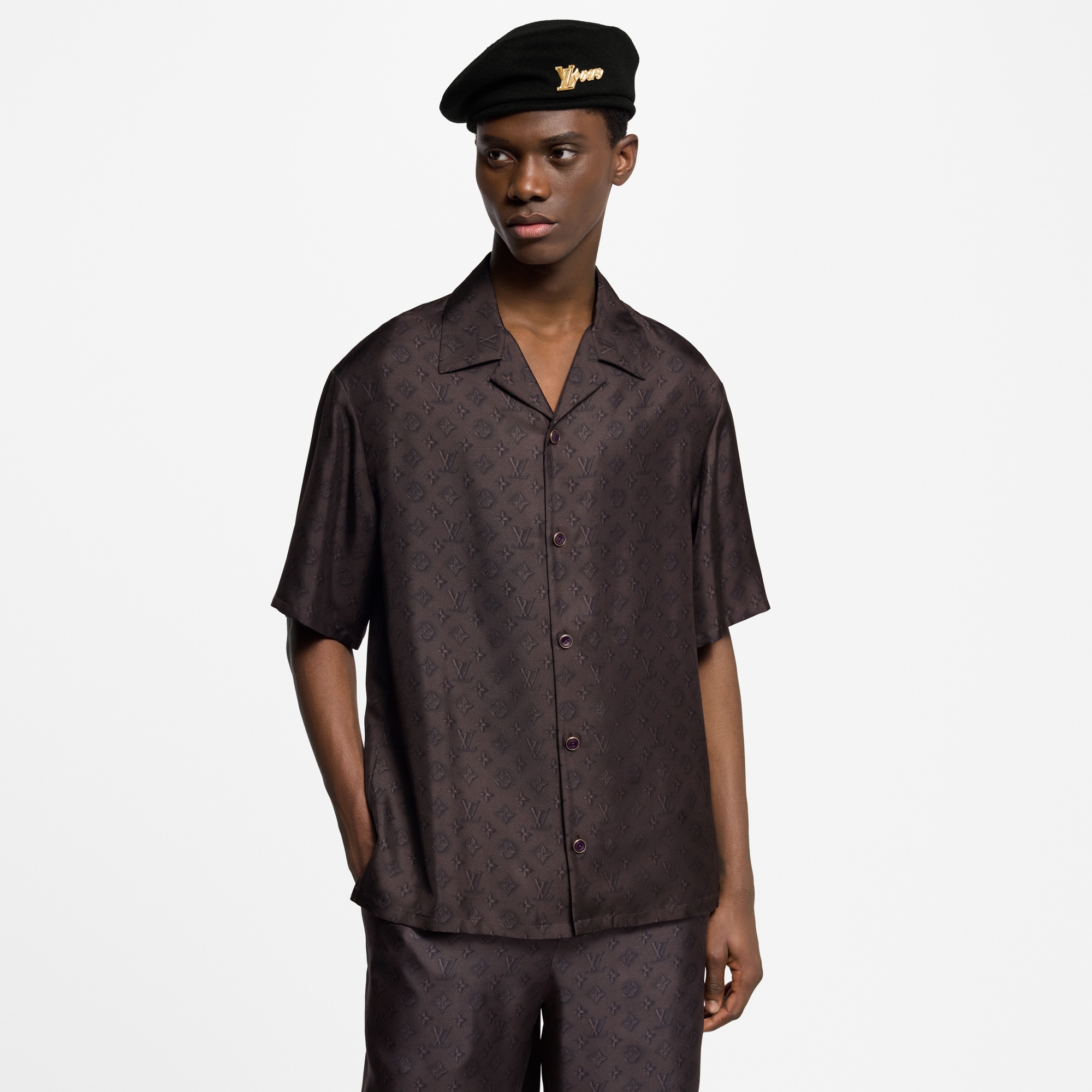 Printed Monogram Short-Sleeved Silk Shirt  in Men