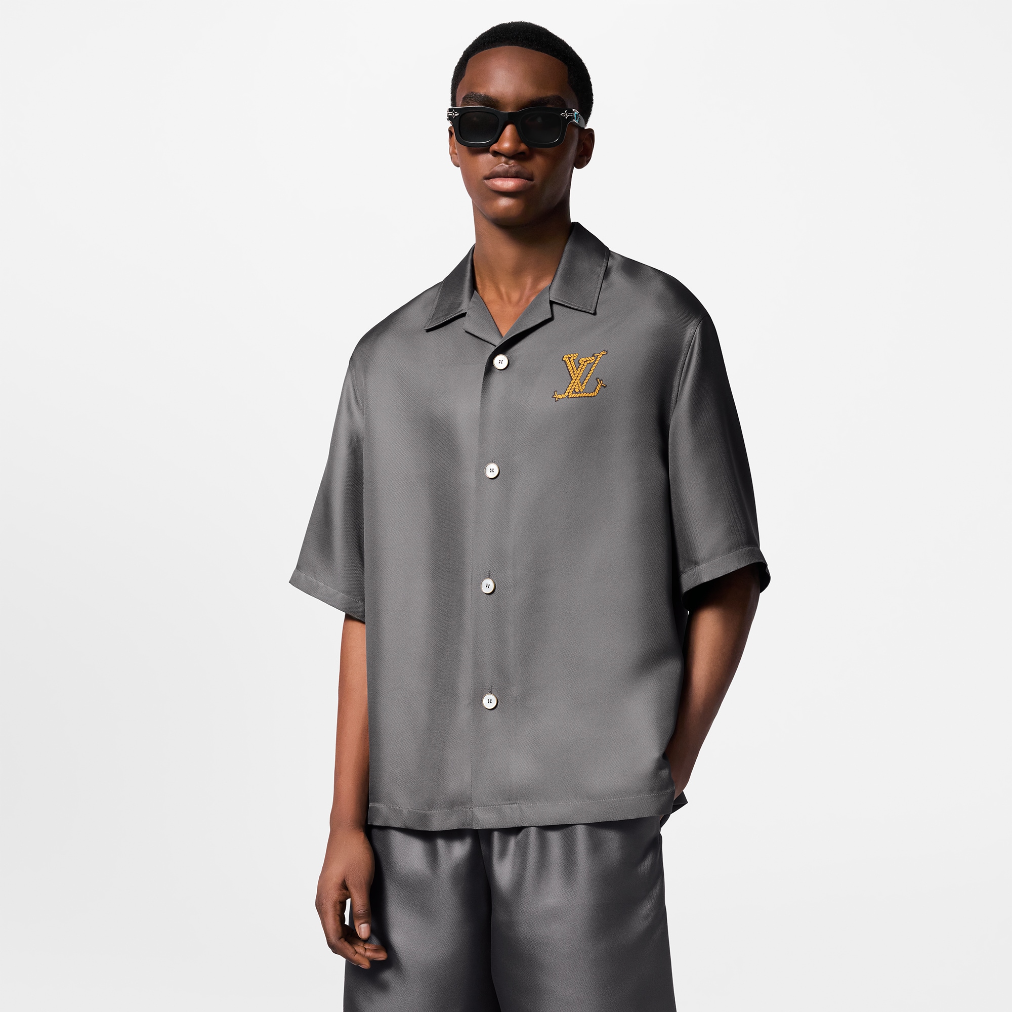 Printed Short-Sleeved Silk Shirt  in Men