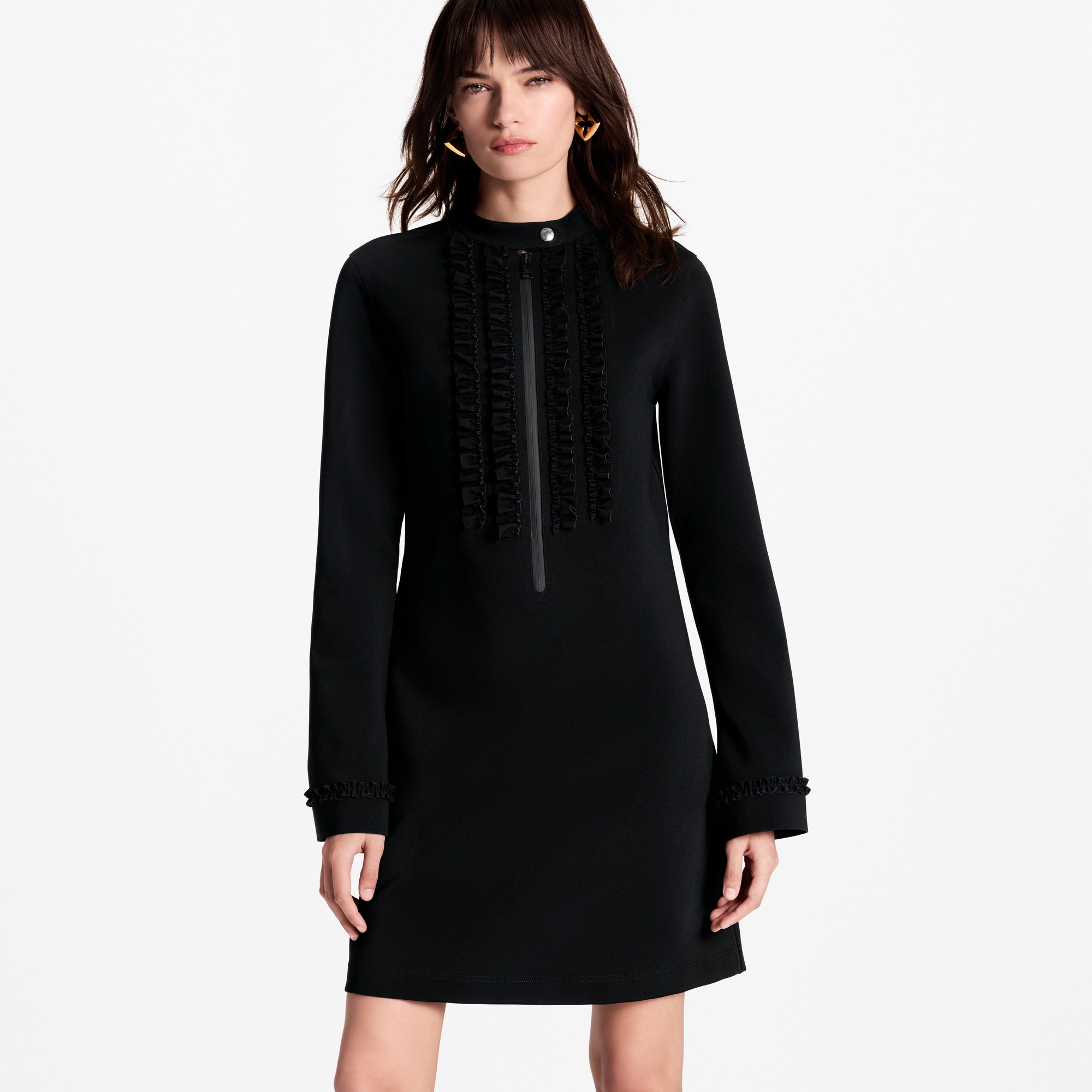 Ruffle Trim Long-Sleeved Technical Jersey Dress  in Women