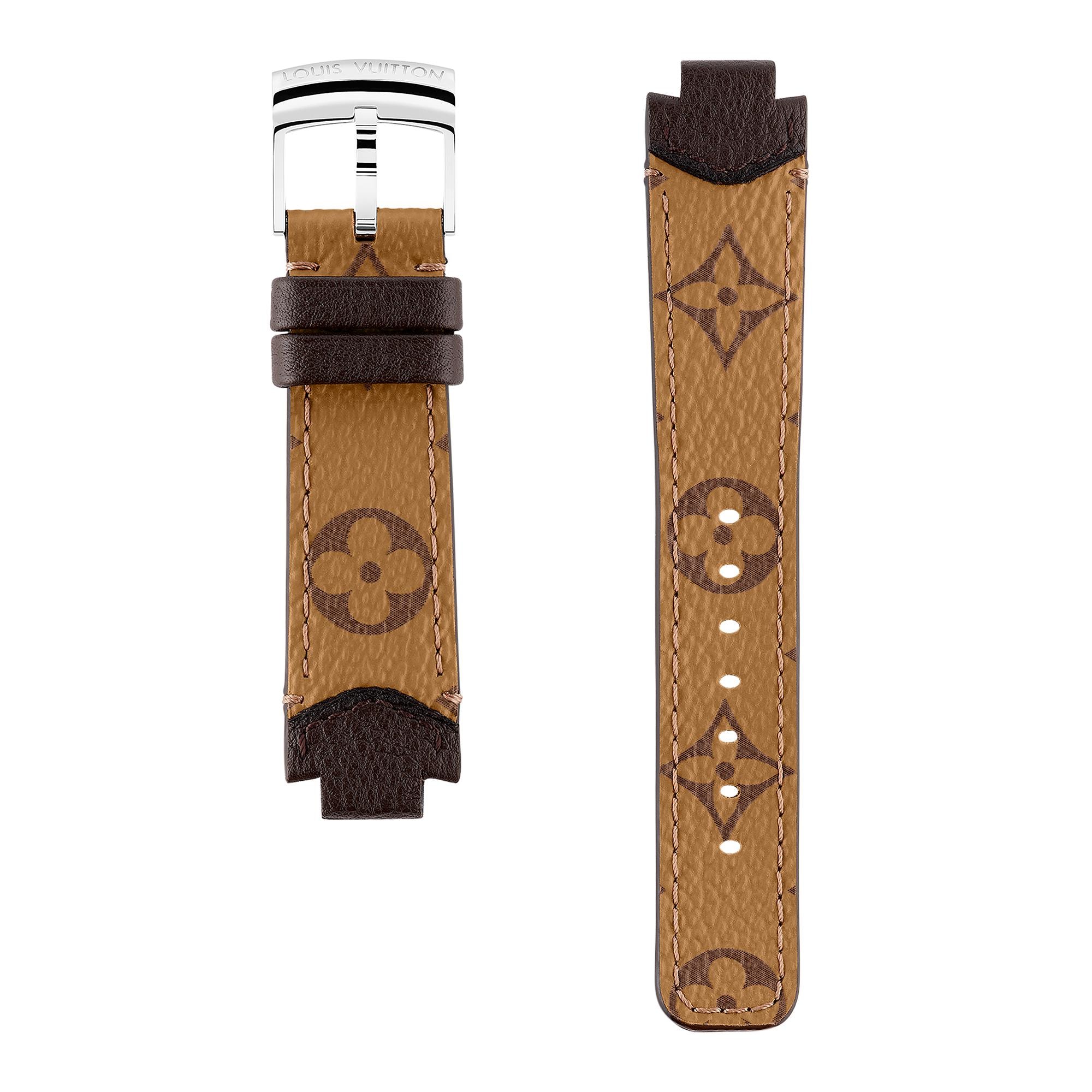 Louis Vuitton Leather Watch Band Tambour Monogram Canvas Strap