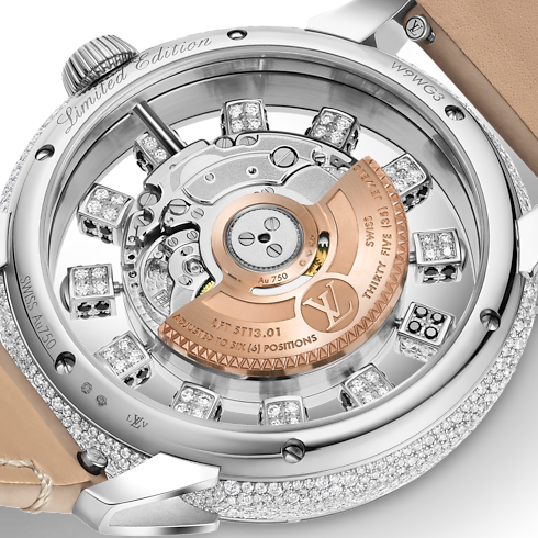 Tambour Spin Time Air, Automatic, 42.5mm, White gold, Hawk's eye and diamonds in Watches's All Watches } collections by Louis Vuitton (Product zoom)