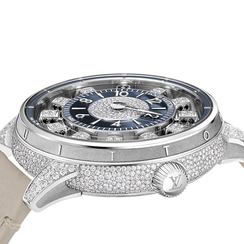 Tambour Spin Time Air, Automatic, 42.5mm, White gold, Hawk's eye and diamonds in Watches's All Watches } collections by Louis Vuitton (Product zoom)