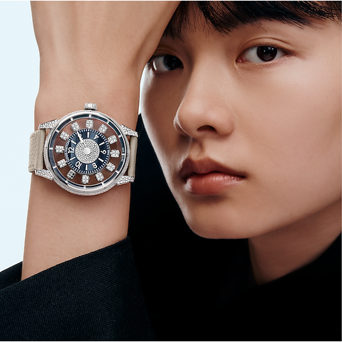 Tambour Spin Time Air, Automatic, 42.5mm, White gold, Hawk's eye and diamonds in Watches's All Watches } collections by Louis Vuitton (Product zoom)