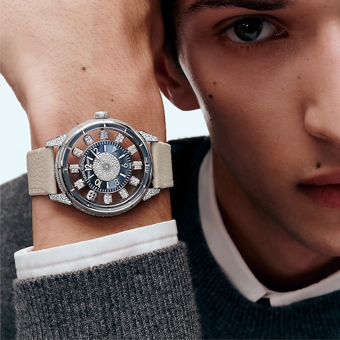 Tambour Spin Time Air, Automatic, 42.5mm, White gold, Hawk's eye and diamonds in Watches's All Watches } collections by Louis Vuitton (Product zoom)