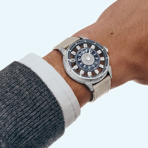 Tambour Spin Time Air, Automatic, 42.5mm, White gold, Hawk's eye and diamonds in Watches's All Watches } collections by Louis Vuitton (Product zoom)