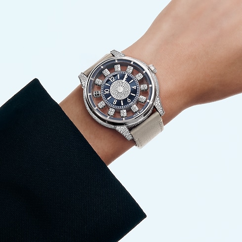Tambour Spin Time Air, Automatic, 42.5mm, White gold, Hawk's eye and diamonds in Watches's All Watches } collections by Louis Vuitton (Product zoom)