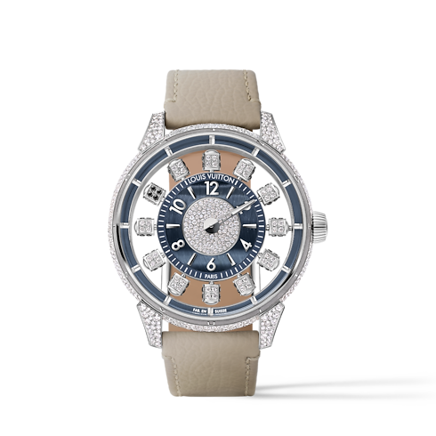 Tambour Spin Time Air, Automatic, 42.5mm, White gold, Hawk's eye and diamonds in Watches's All Watches } collections by Louis Vuitton (Product zoom)