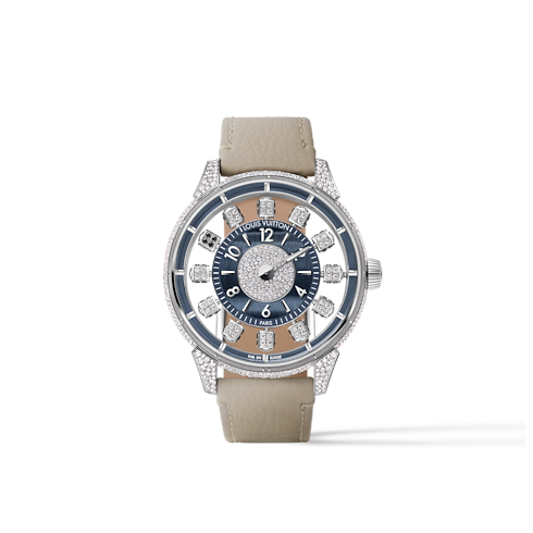 Tambour Taiko Spin Time Air, Automatic, 42.5mm, White gold, Hawk's eye and diamonds in Watches's All Watches } collections by Louis Vuitton (Product zoom)