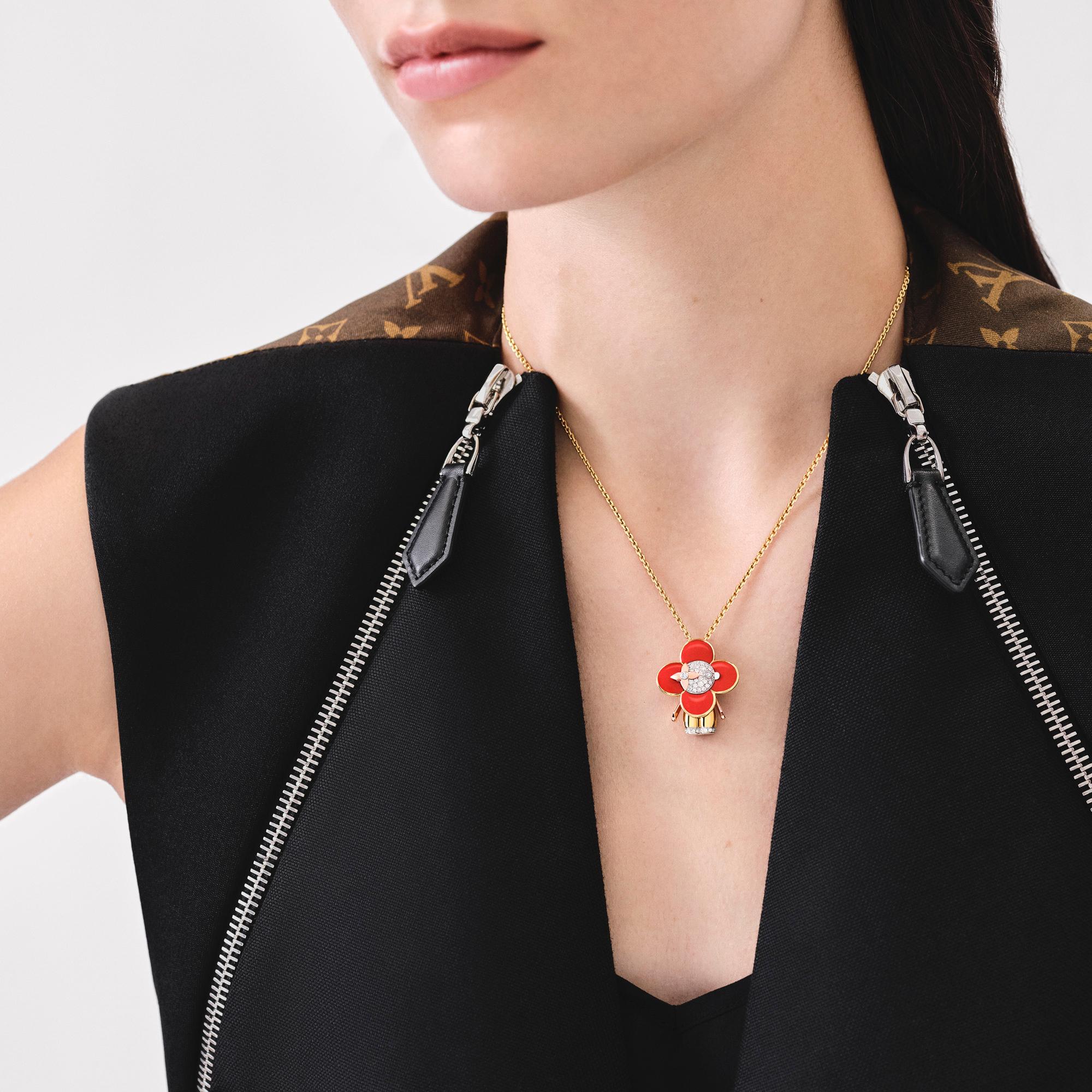 Vivienne Pendant, 3 Golds, Red Lacquer and Diamonds  in Jewellery